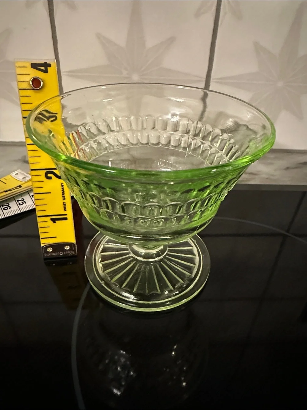 Anchor Hocking Roulette Green Glass Dessert Coupe - Uranium-Style pedestal dish